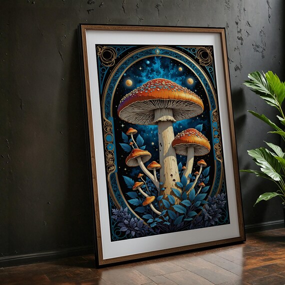Fantasy Mushroom Celestial Night Sky Magical Forest Art Poster
