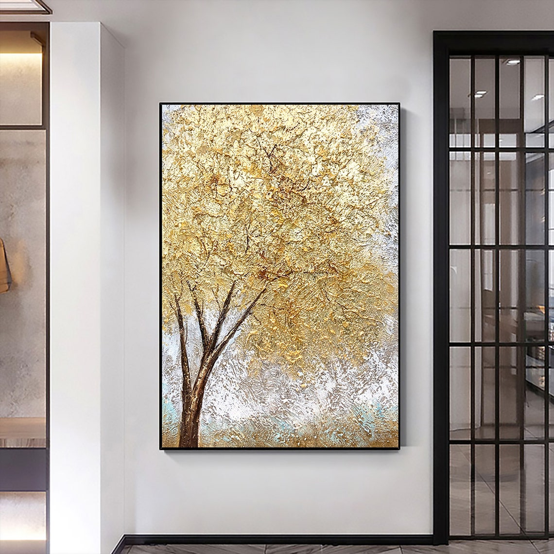 Golden Tree Vertical Textured Canopy Minimalist Painting Poster - Image 2