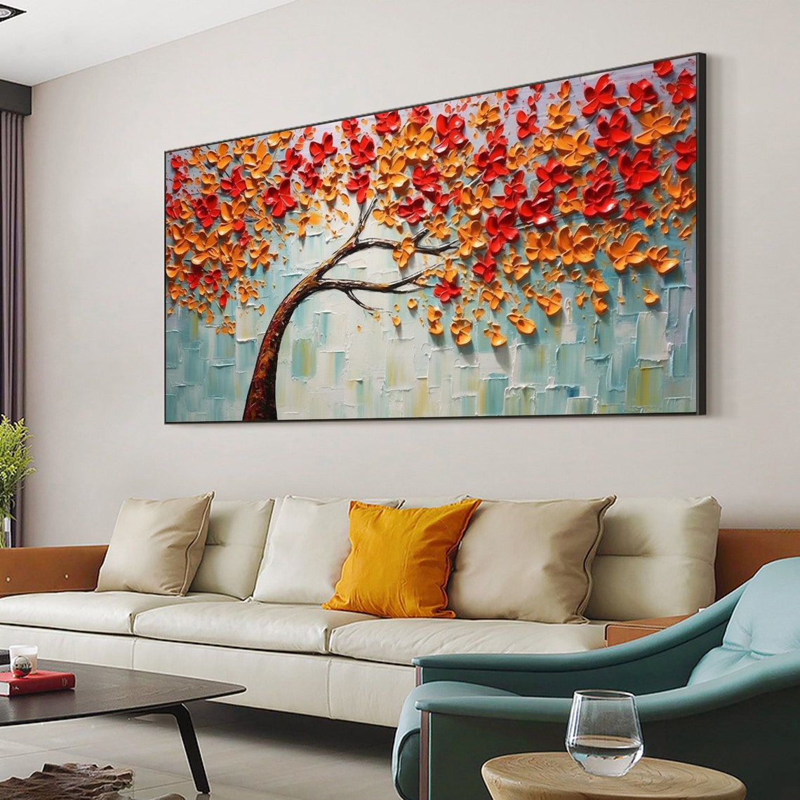 Red Orange Blossom Tree with Curved Trunk Blue Mosaic Poster - Image 4