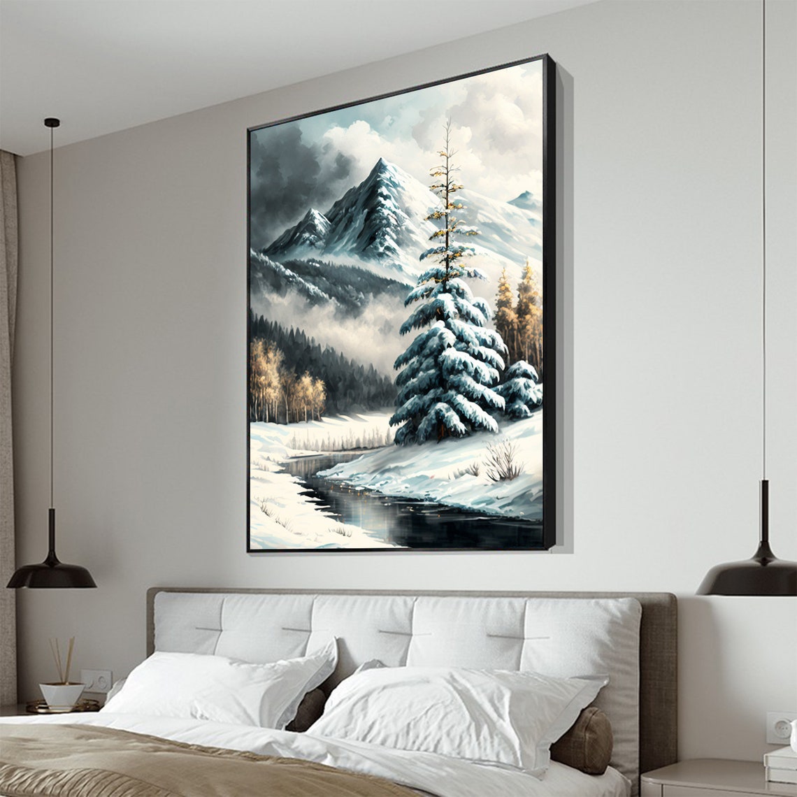Snowy Winter Mountain Stream with Frosted Pine Trees Scene Poster - Image 3