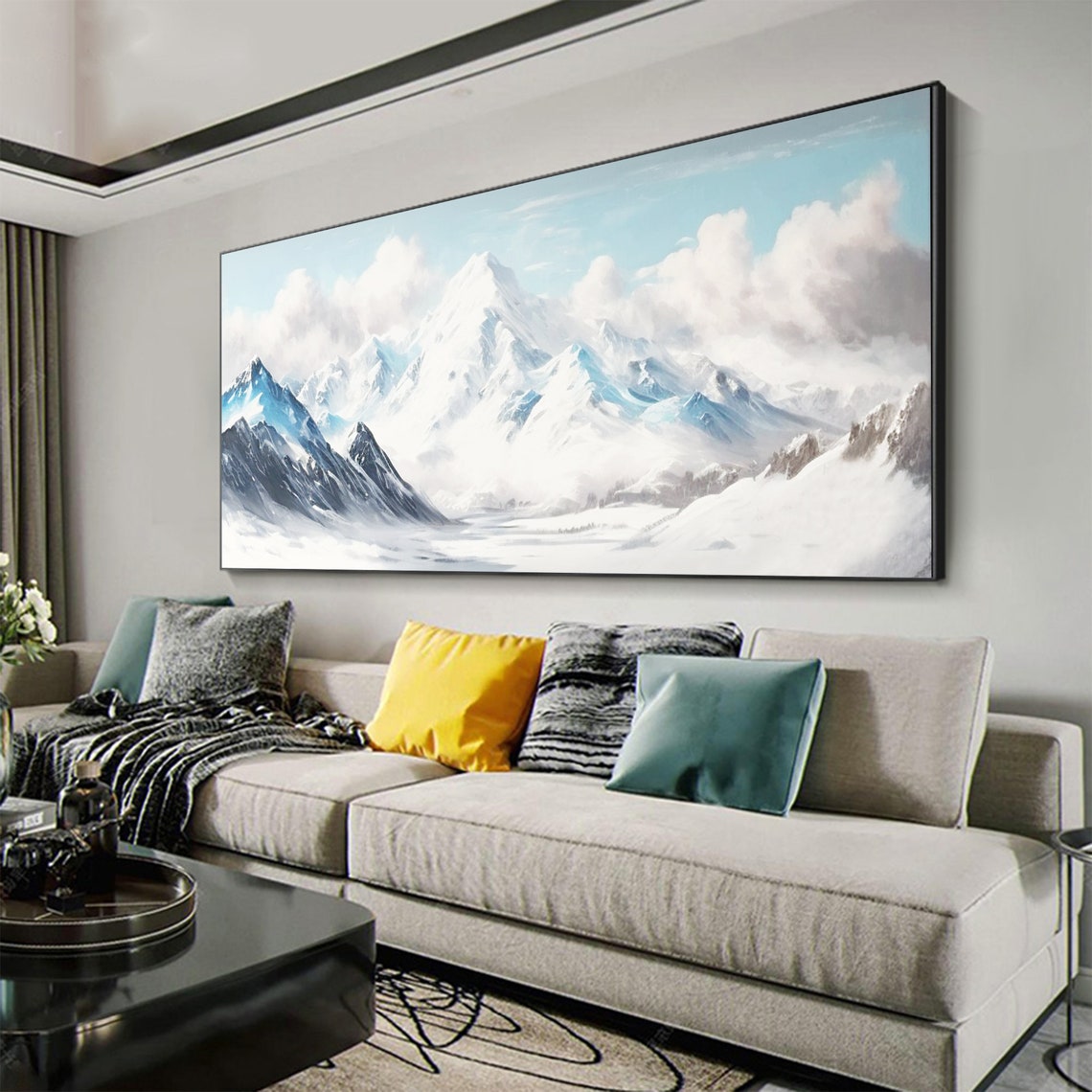 Snow Capped Alpine Mountain Peaks Under Soft Blue Clouds Poster - Image 5