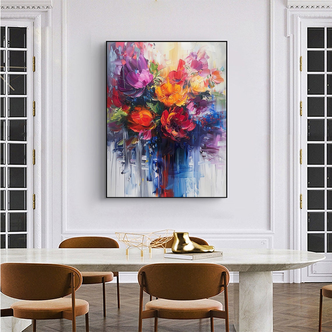 Bold Red Orange Purple Flower Bouquet Thick Impasto Art Poster - Image 2