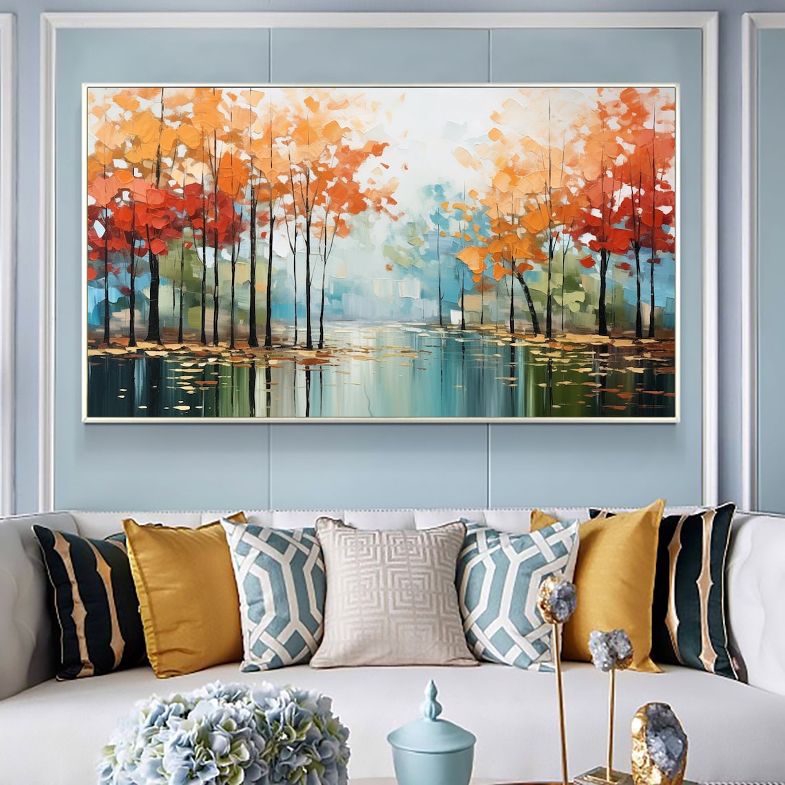 Autumn Forest Trees Reflecting Lake Impasto Landscape Painting Poster - Image 6