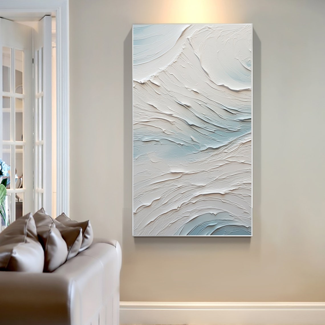 Vertical White Pale Blue Swirl Wave Textured Abstract Painting Poster - Image 2