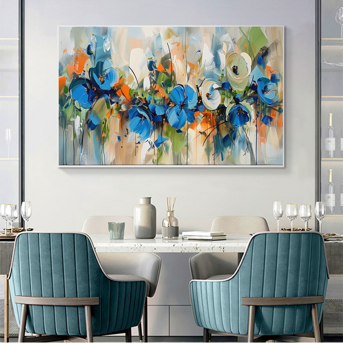 Loose Blue Orange and White Abstract Floral Bouquet Painting Poster - Image 3