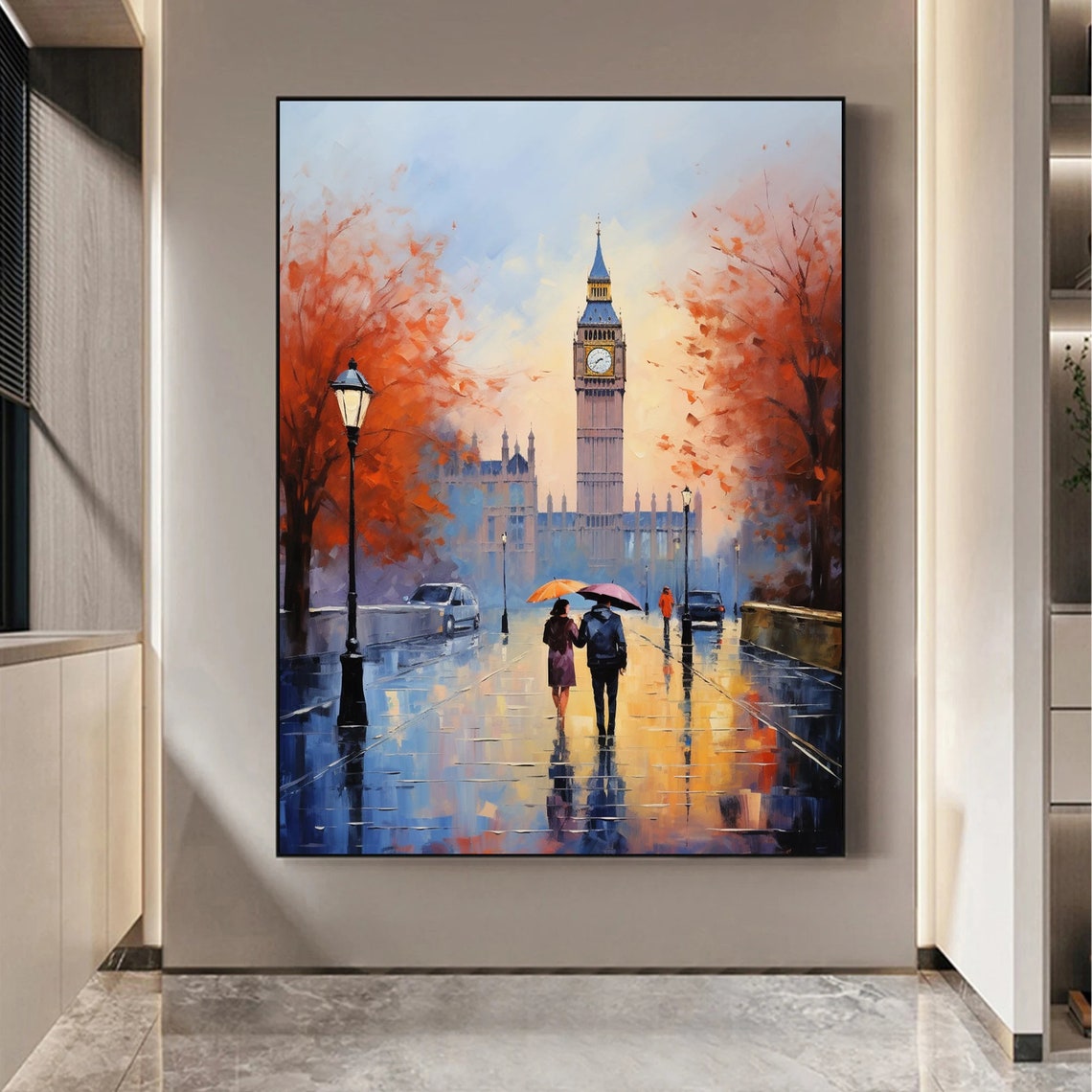 Rainy London Bridge at Sunset with Couple Under Umbrella Poster - Image 3