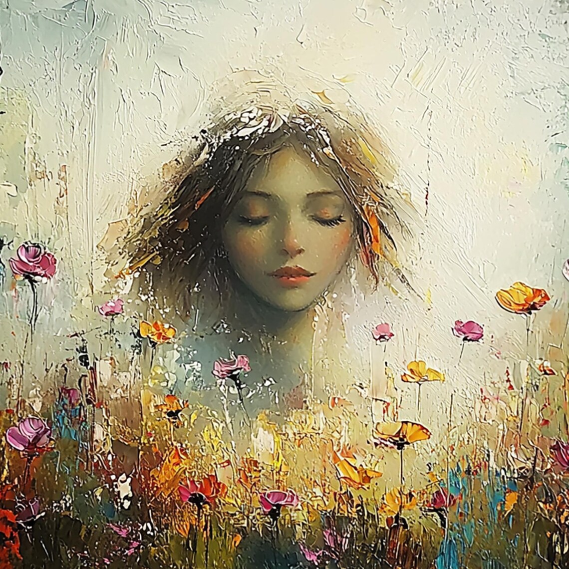 Serene Closed-Eyed Woman Face in a Dreamy Wildflower Field Poster - Image 5