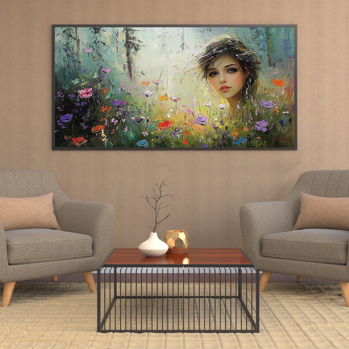 Dreamy Woman Face among Colorful Wildflowers Garden Oil Poster - Image 3