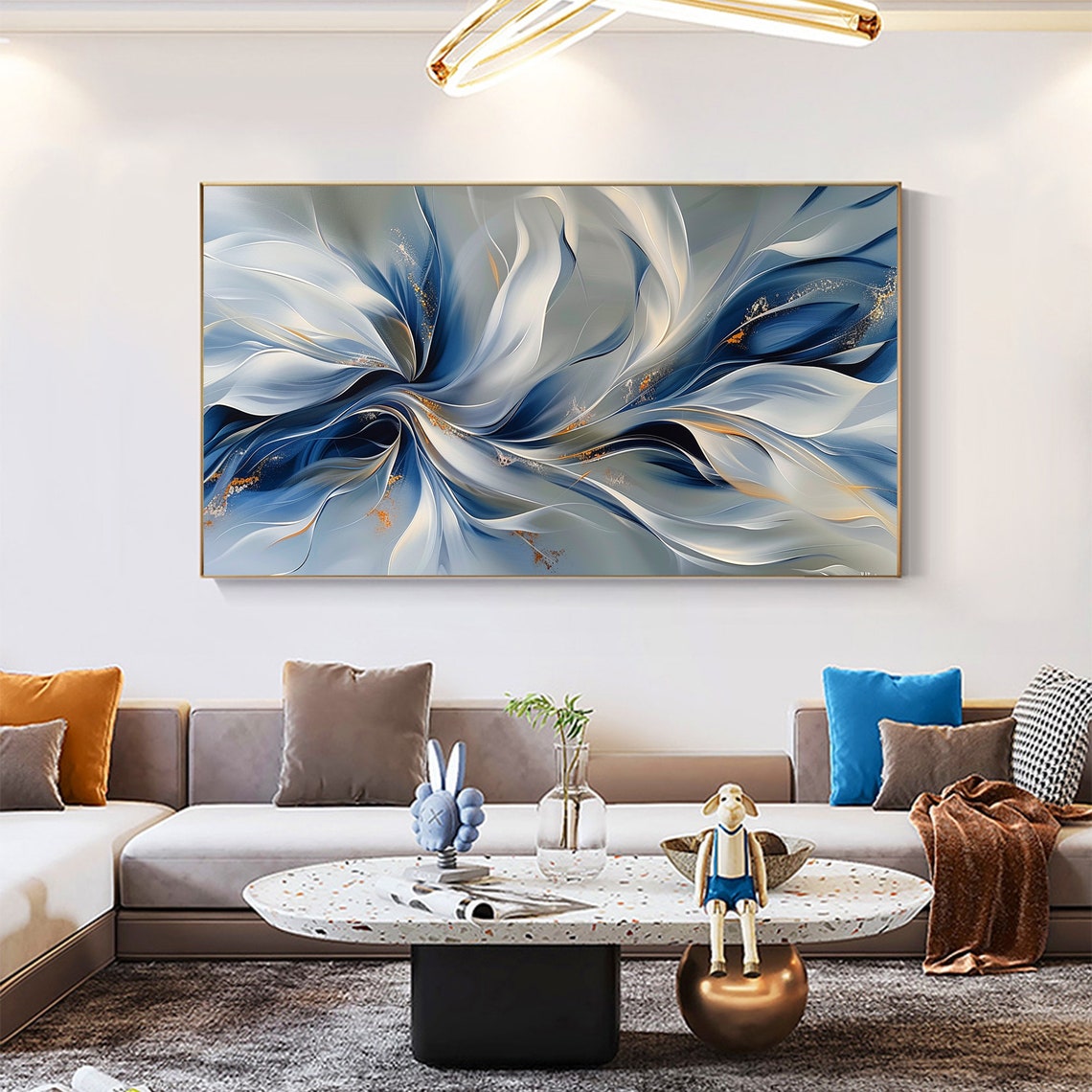 Blue White Silk Flow Gold Accents Abstract Flowing Painting Poster - Image 4
