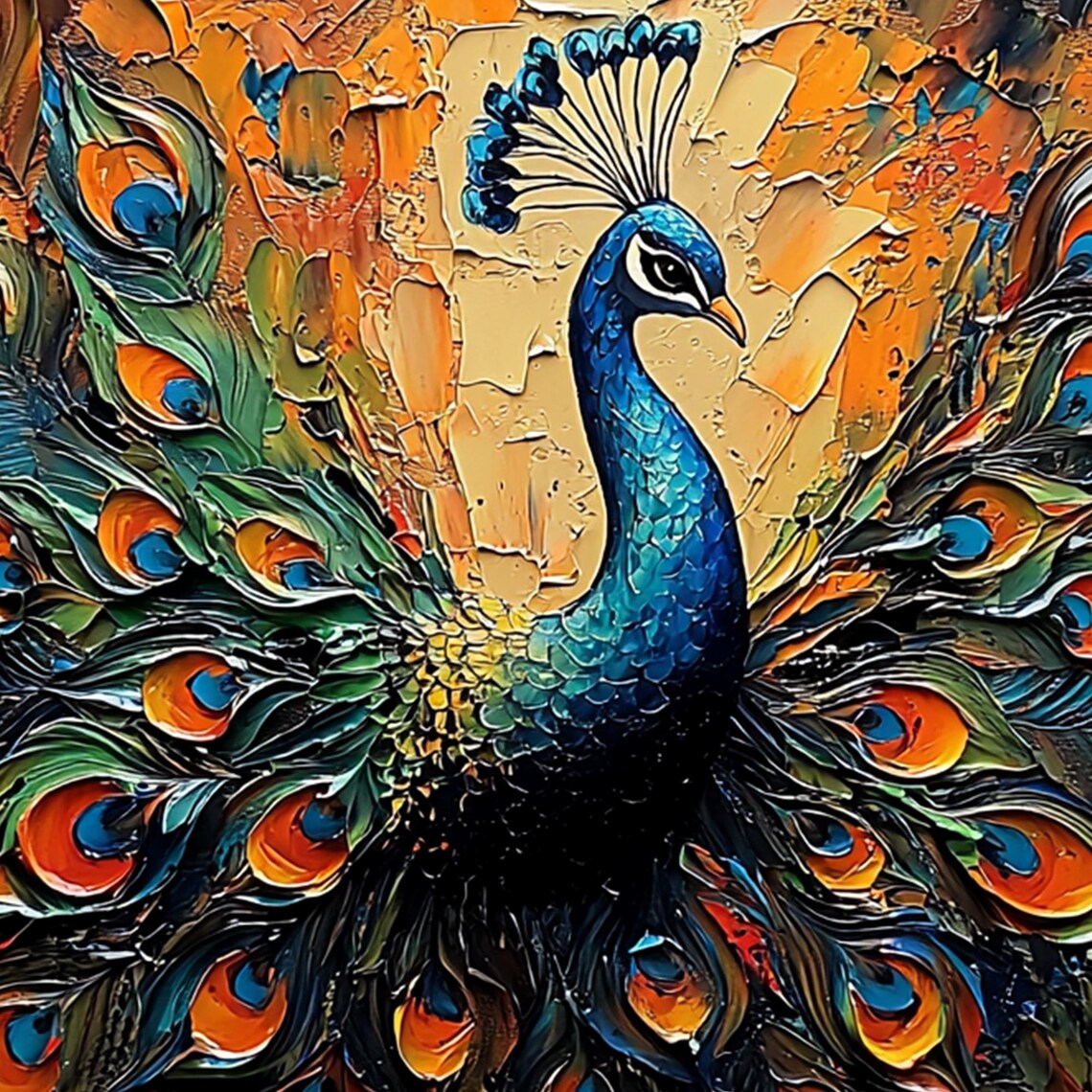 Majestic Peacock with Fanned Iridescent Tail in Impasto Poster - Image 6