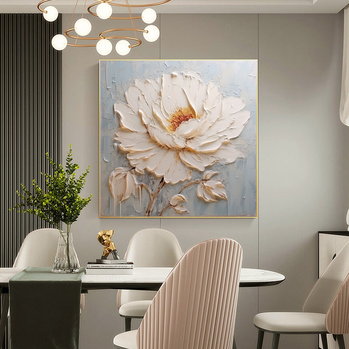 Large White Peony Blossom Thick Impasto on Soft Pale Blue Poster - Image 2