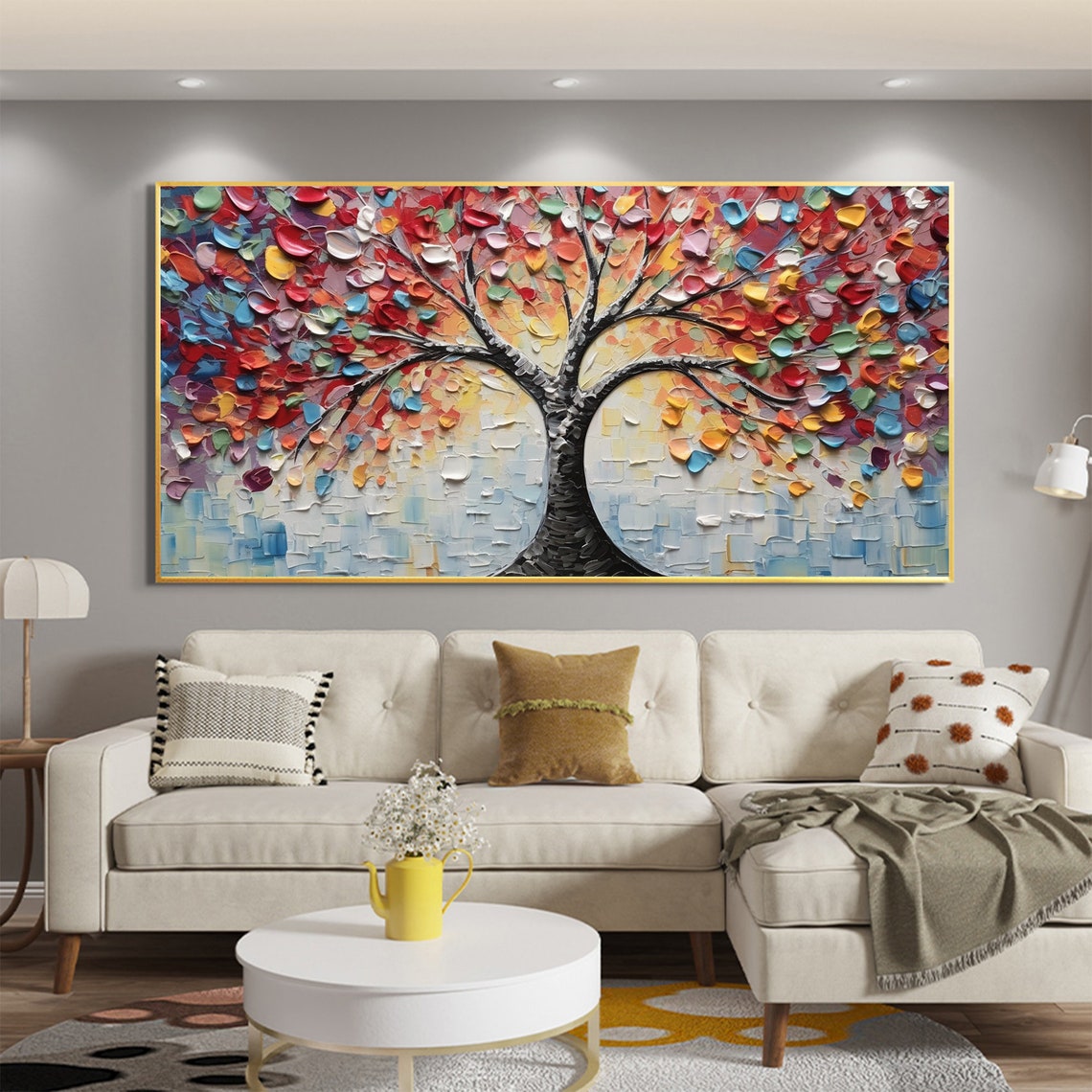 Rainbow Tree of Life Multicolor Leaves Impasto Blue Art Poster - Image 4