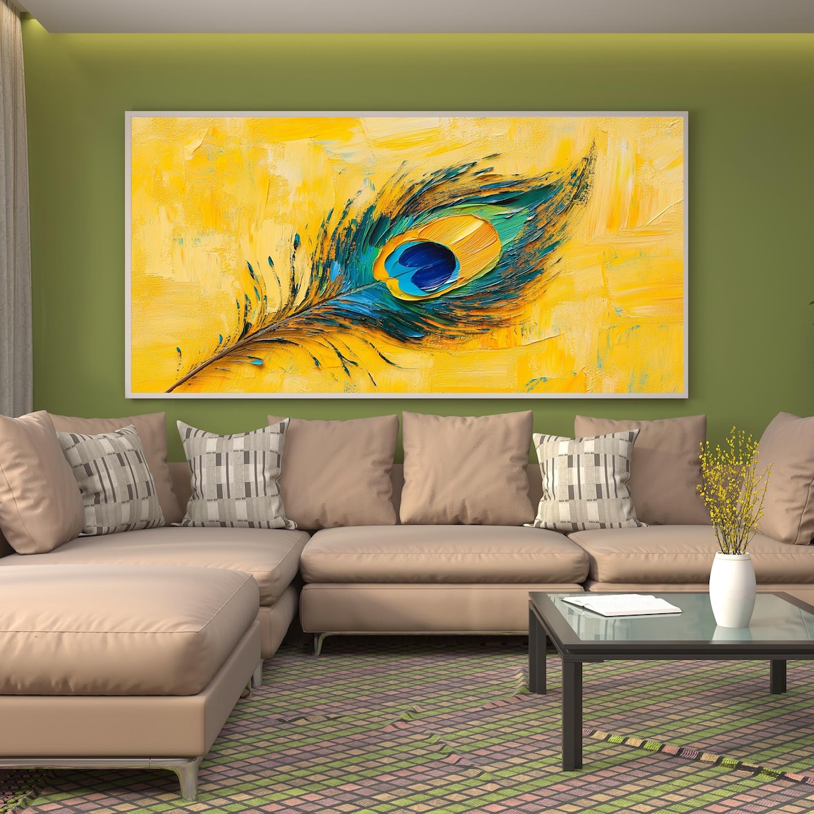 Peacock Feather on Bright Yellow Textured Oil Painting Poster - Image 2