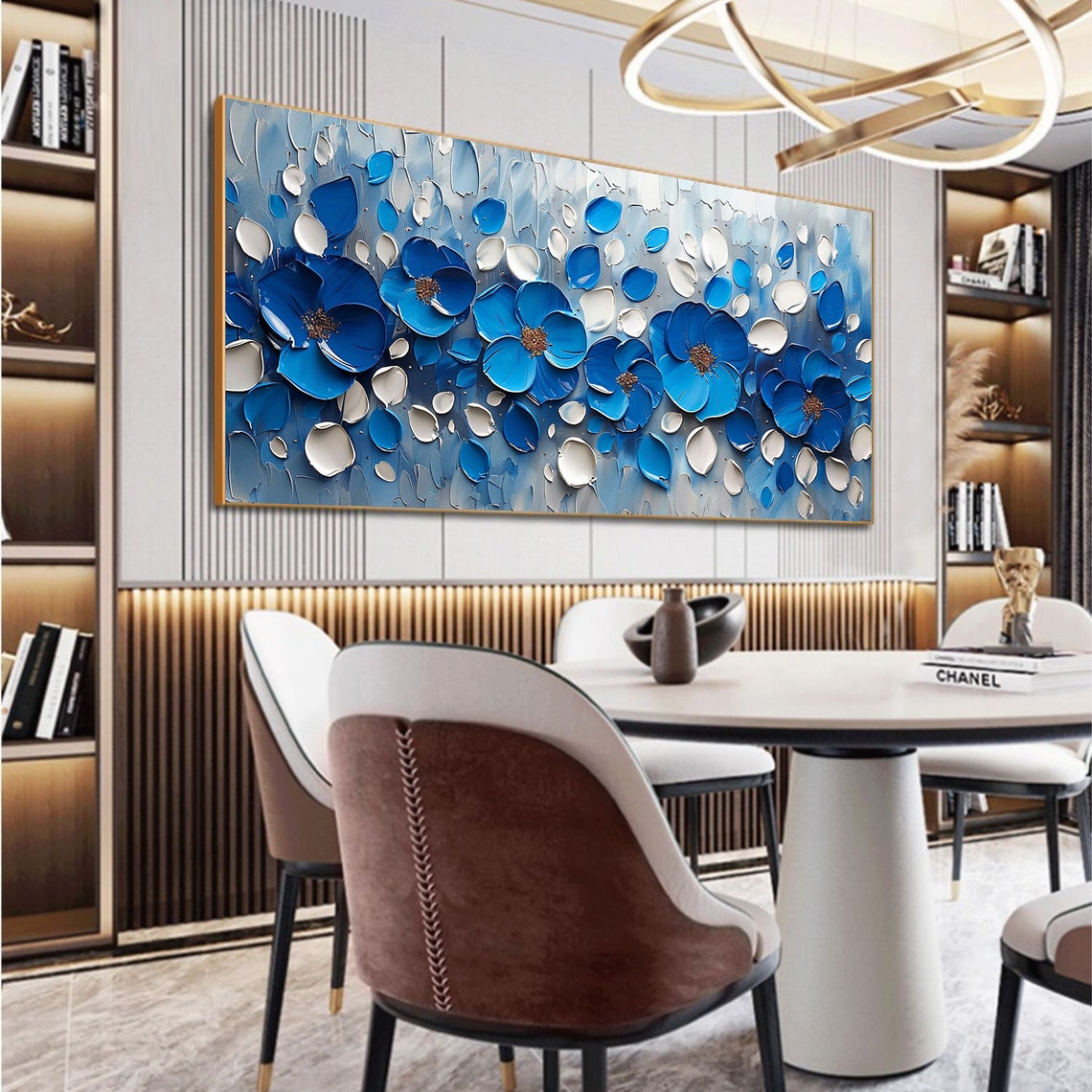Blue Blossoms with Gold Centers on Textured Aqua Canvas Poster - Image 6