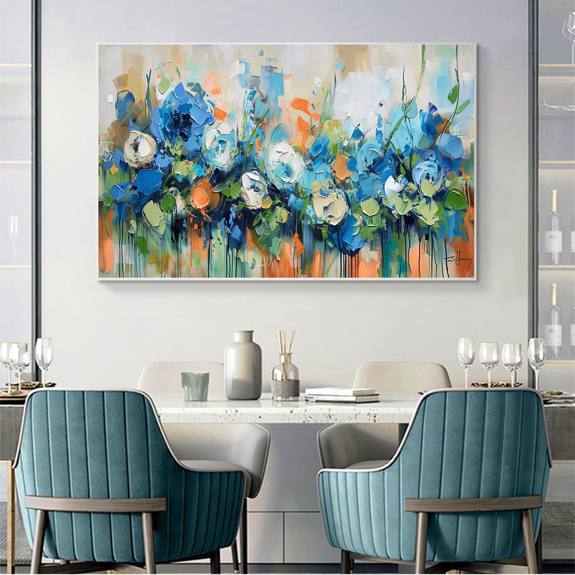 Blue Bloom Palette Knife Floral Abstract Modern Painting Poster - Image 4