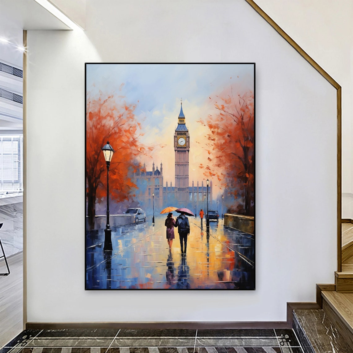 Rainy London Bridge at Sunset with Couple Under Umbrella Poster - Image 4