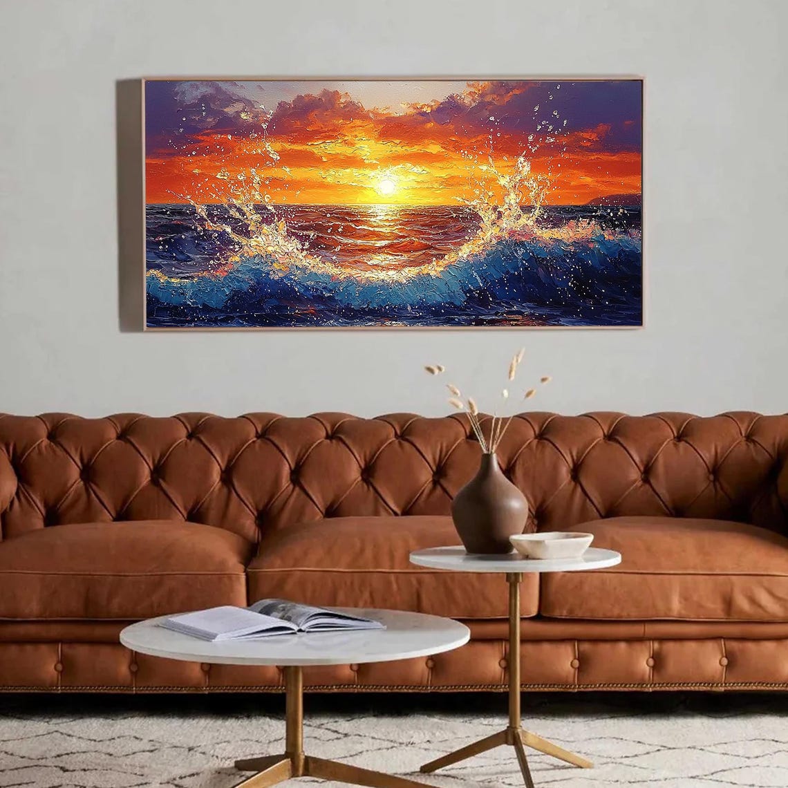 Vibrant Orange Sunset Seascape with Splashing Waves Oil Poster - Image 2