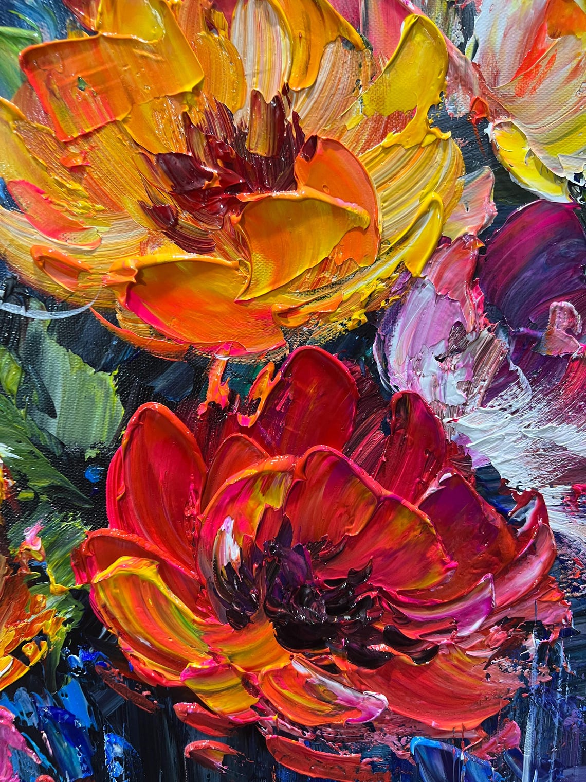 Bold Red Orange Purple Flower Bouquet Thick Impasto Art Poster - Image 5