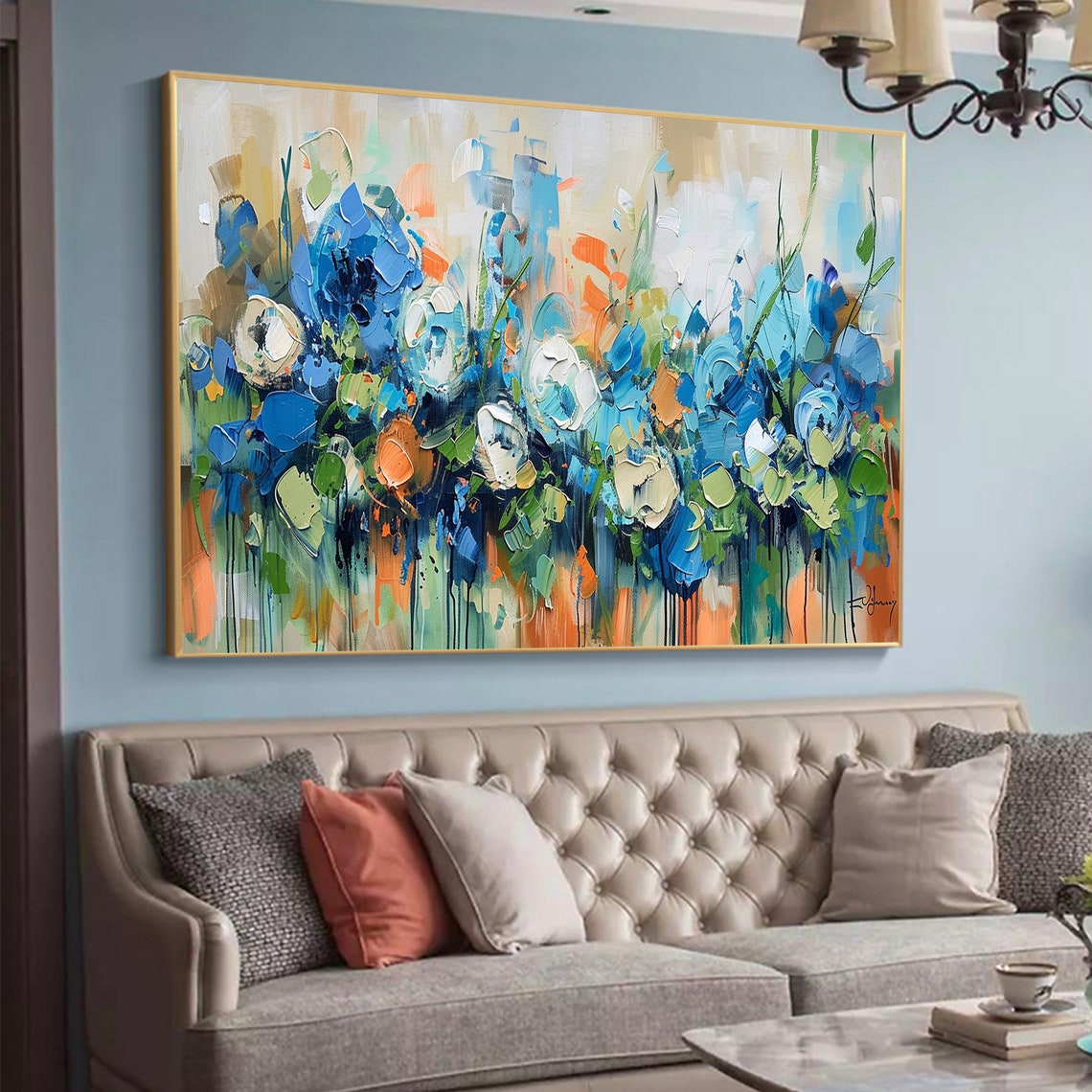 Blue Bloom Palette Knife Floral Abstract Modern Painting Poster - Image 7