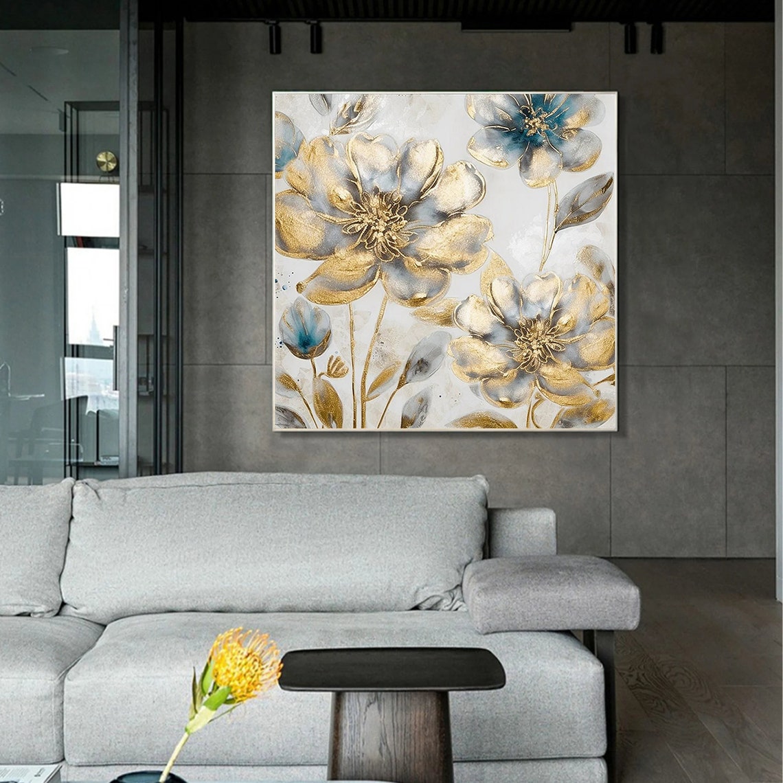 Gold and Blue Gray Floral Blooms with Gold Leaf Accent Poster - Image 3