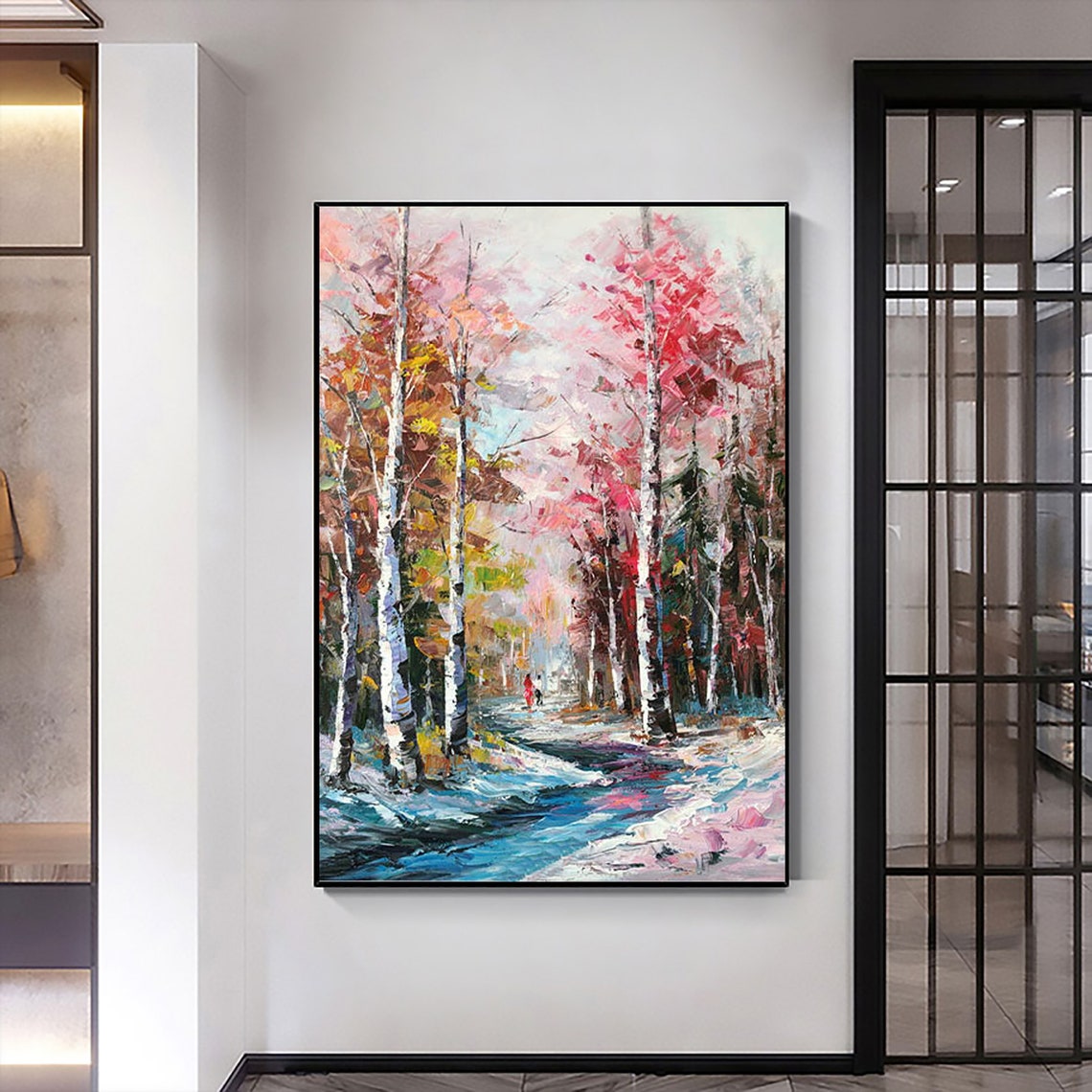 Pink Birch Forest Stream Vertical Autumn Landscape Painting Poster - Image 3