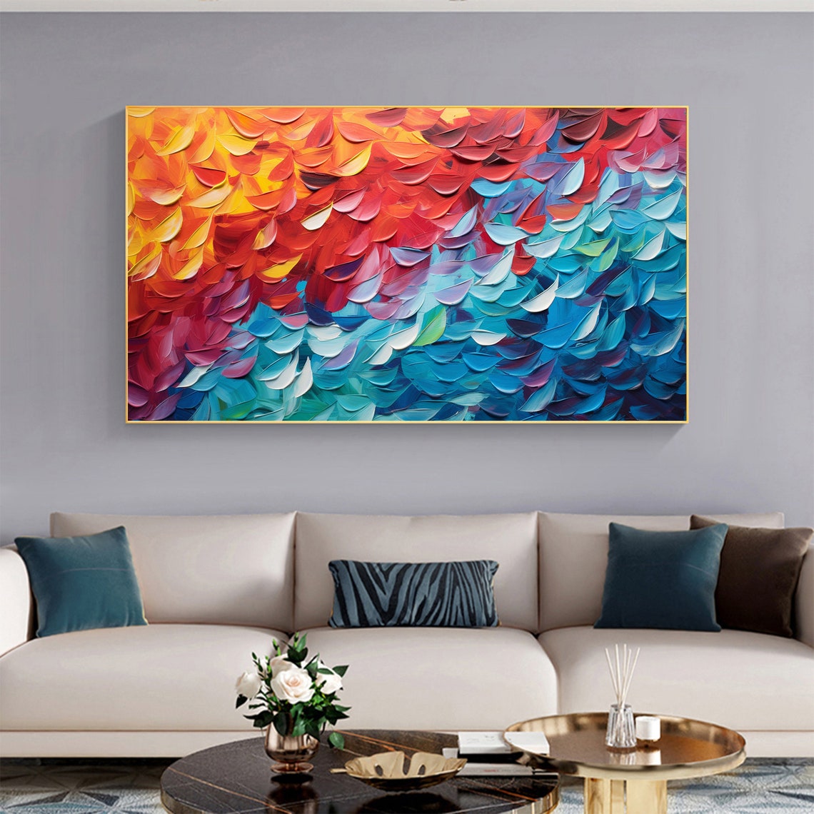 Fiery Orange to Turquoise Leaf Pattern Abstract Impasto Poster - Image 4