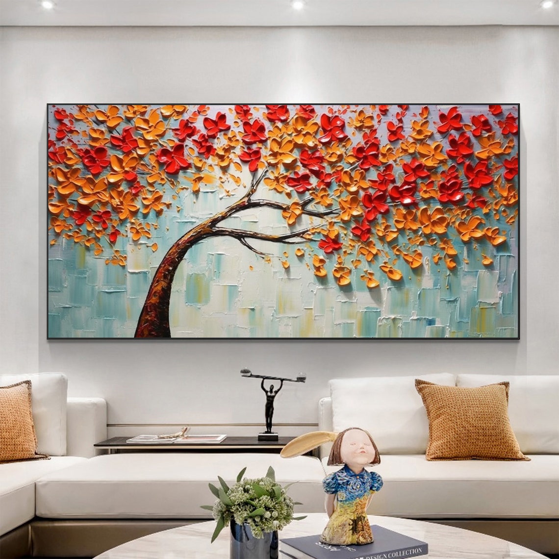 Red Orange Blossom Tree with Curved Trunk Blue Mosaic Poster - Image 2