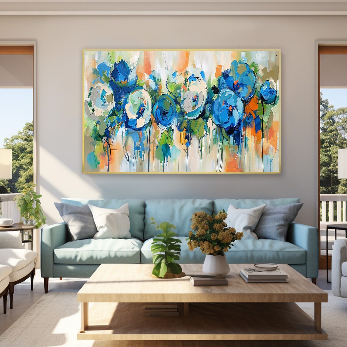 Blue Floral Blooms Green Orange Loose Abstract Flower Painting Poster - Image 3