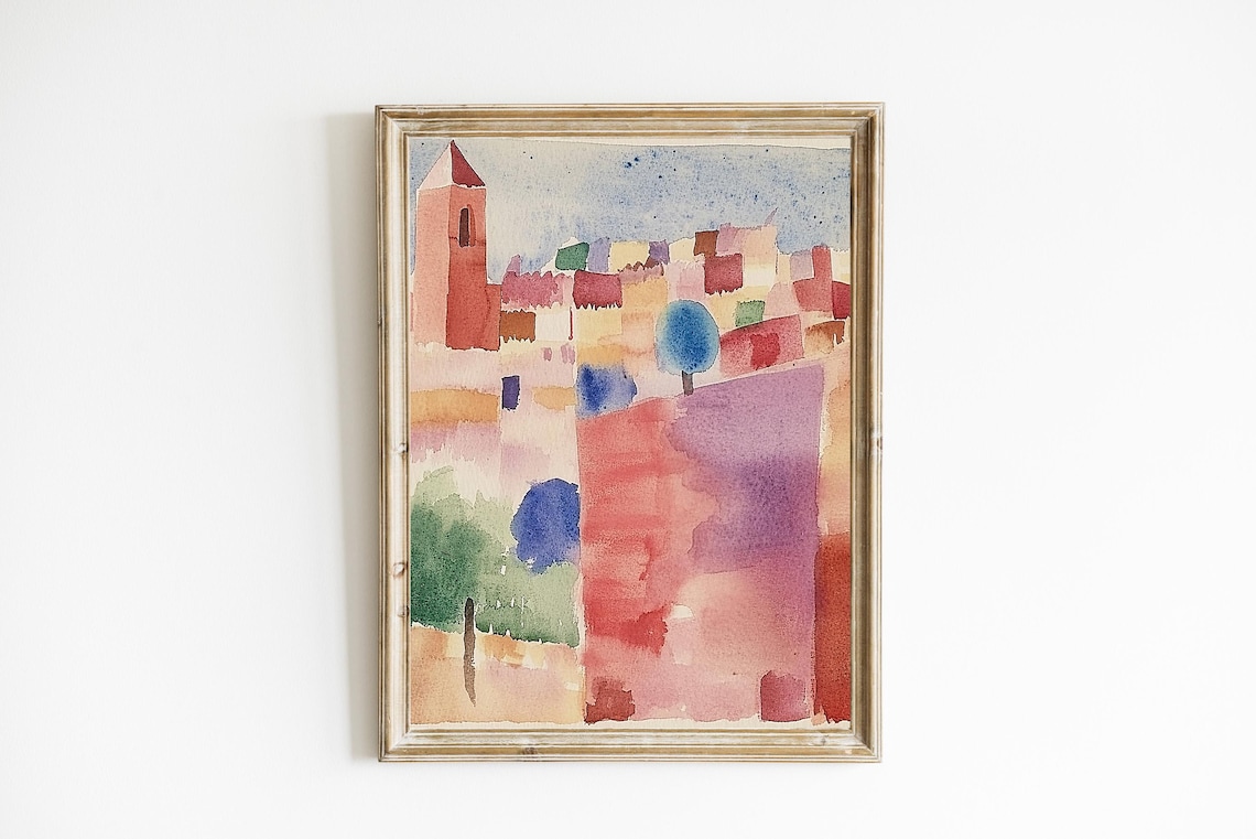 Abstract Red Church Tower Village Watercolor Modern Art Poster