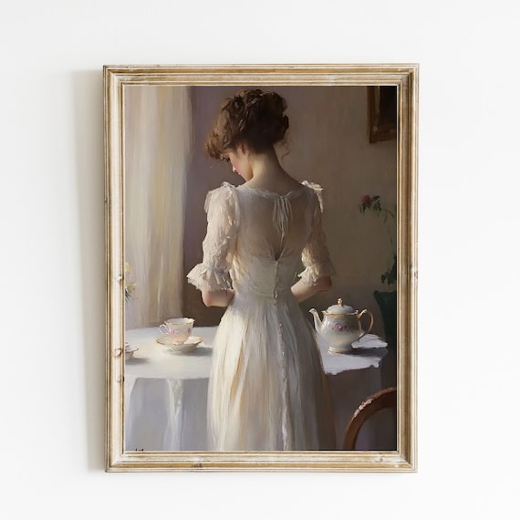 Woman in White Dress Vintage Oil Painting Soft Sunlit Interior Art Poster