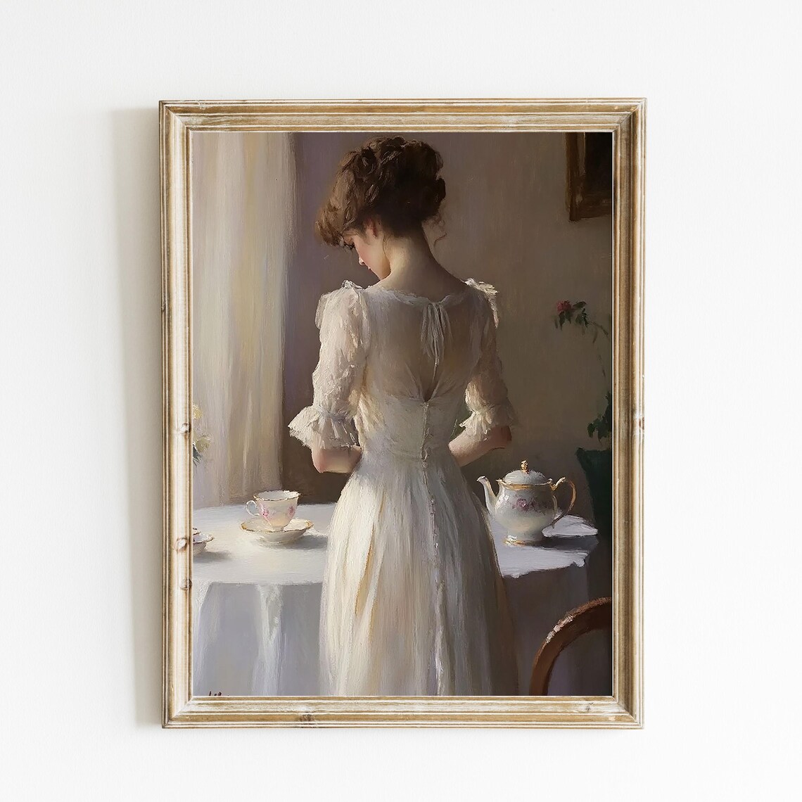 Woman in White Dress Vintage Oil Painting Soft Sunlit Interior Art Poster
