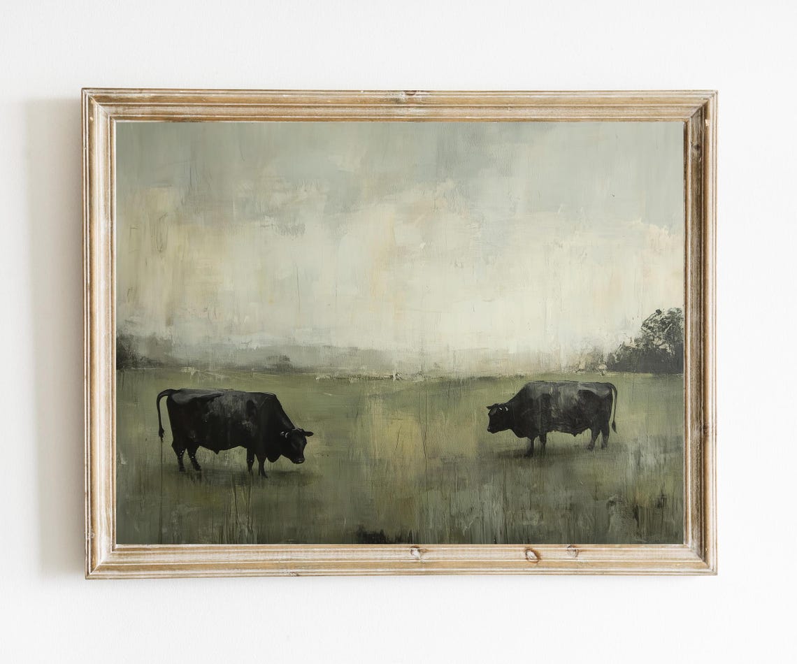 Two Black Cows in Misty Pasture Vintage Country Painting Wall Art