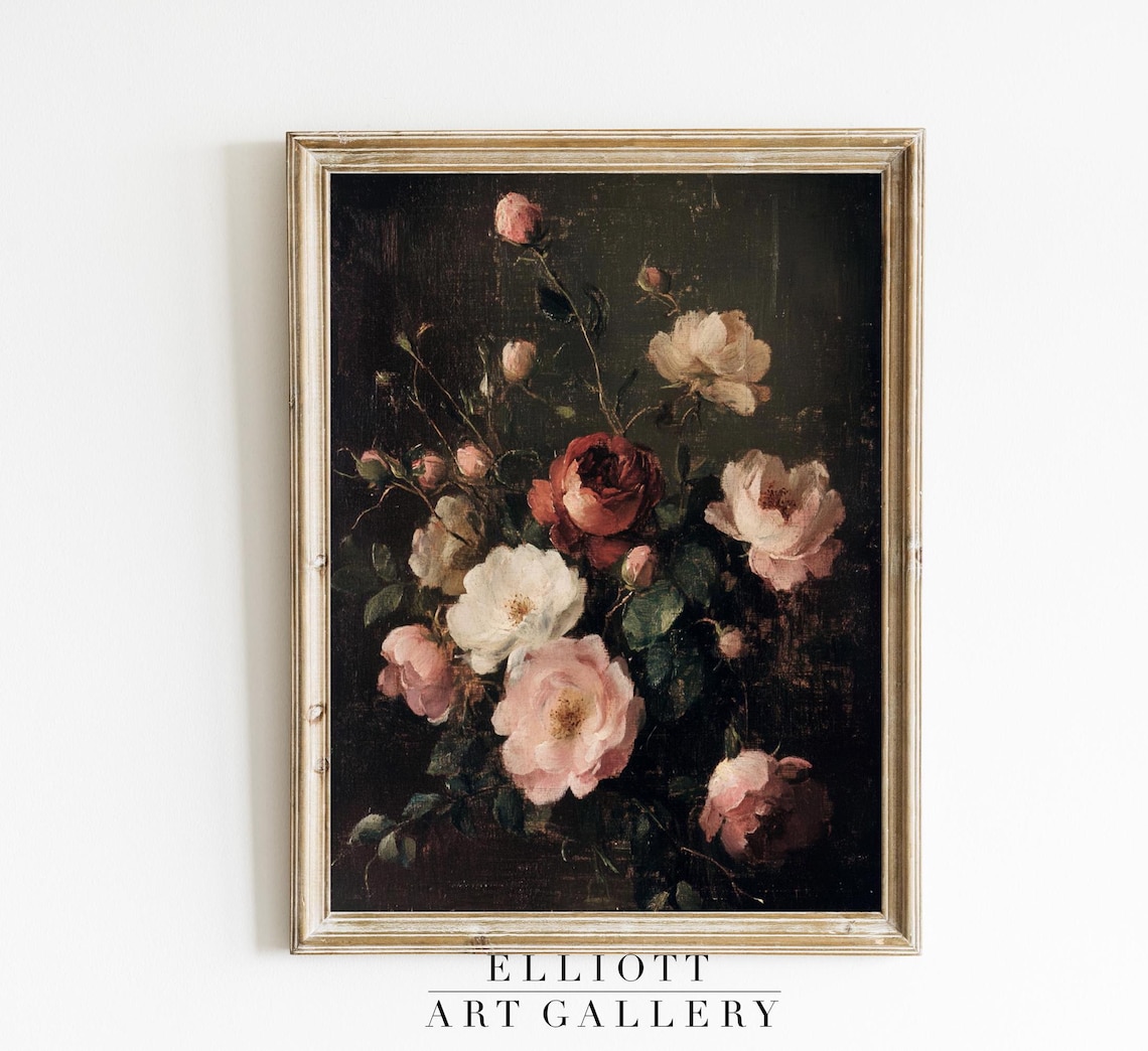 Moody Pink Roses Still Life Dark Vintage Floral Oil Art Poster