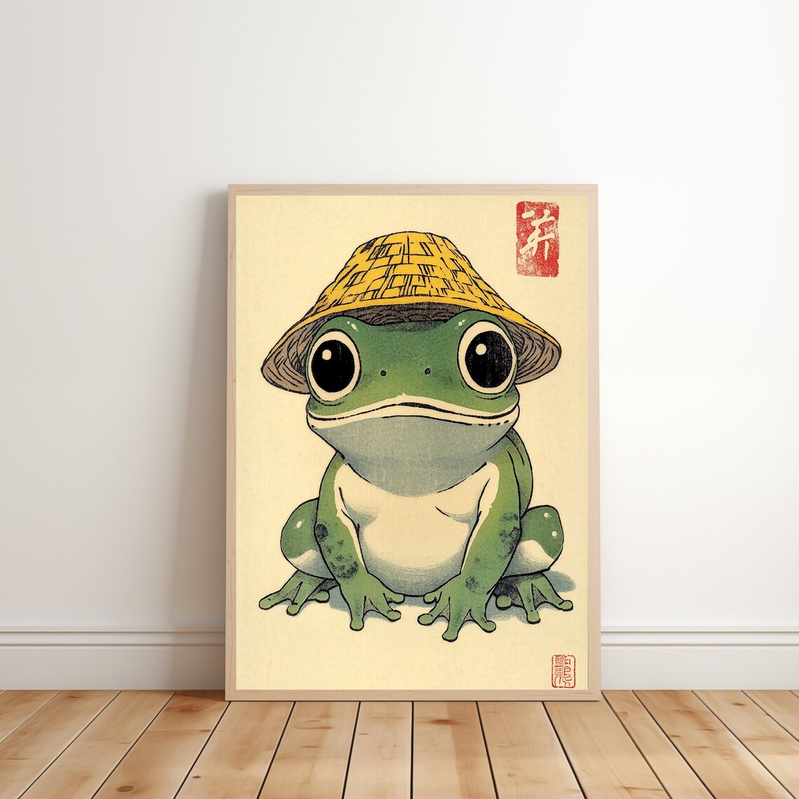 Green Frog in Straw Hat Japanese Woodblock Vintage Animal Print