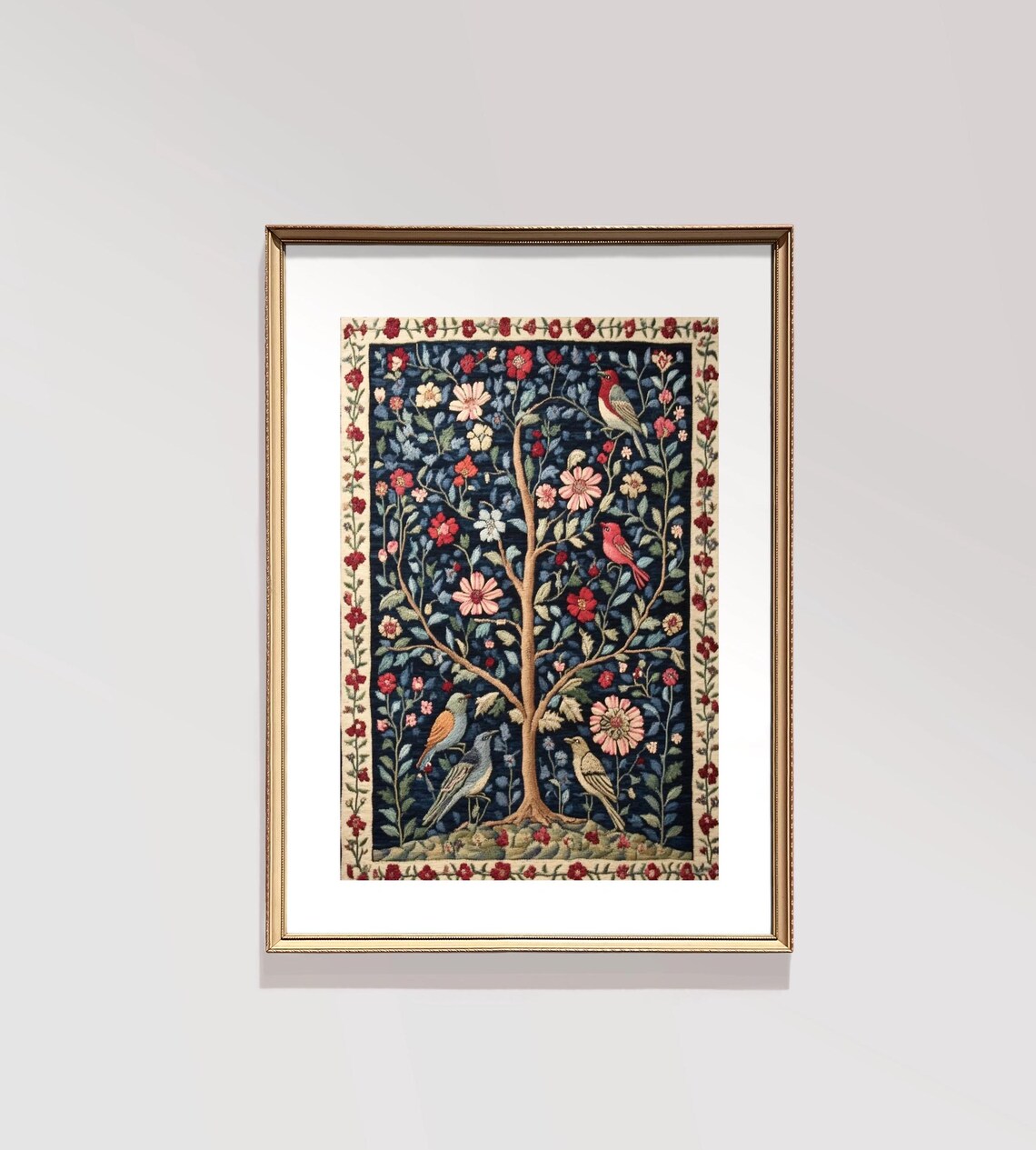 Medieval Tree of Life Birds Tapestry Style Vintage Floral Art Poster