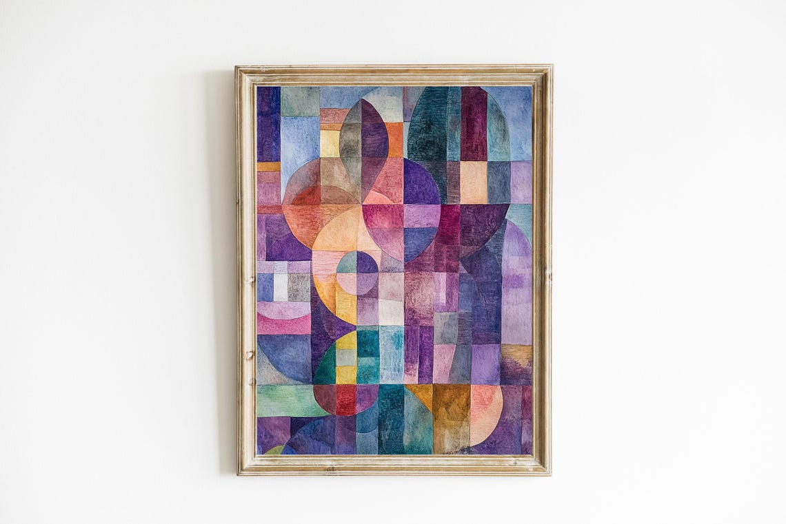 Abstract Geometric Watercolor Mosaic Poster in Violet and Teal Tones
