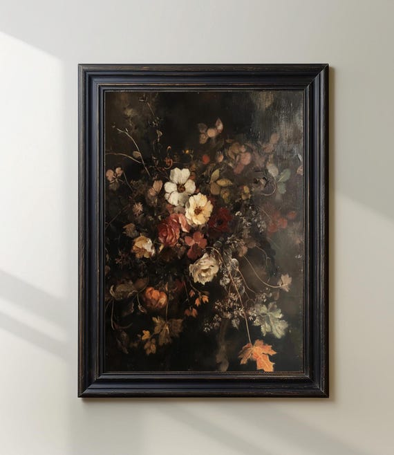 Antique Autumn Floral Vintage Still Life Dark Fall Painting Moody Botanical Wall Art E176