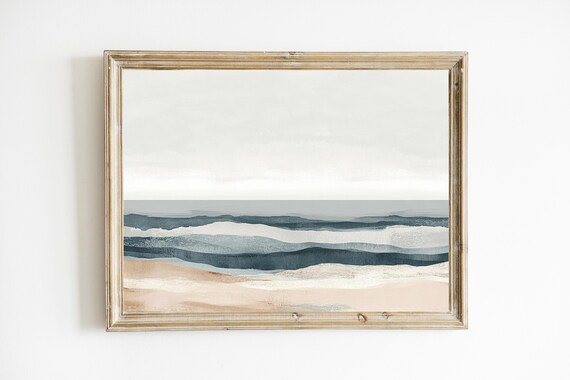 Muted Slate Blue Ocean Waves Sandy Shore Abstract Seascape Poster
