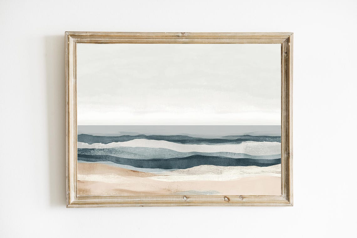 Muted Slate Blue Ocean Waves Sandy Shore Abstract Seascape Poster