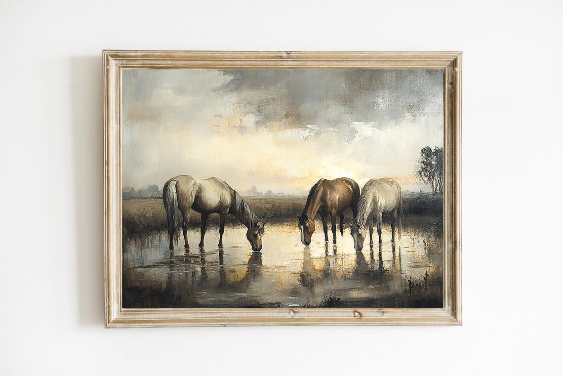 Three Horses Drinking at Sunset Watering Hole Equestrian Oil Poster
