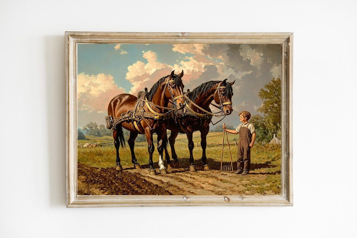 Farm Boy with Two Horses in Field Vintage Equestrian Painting Poster