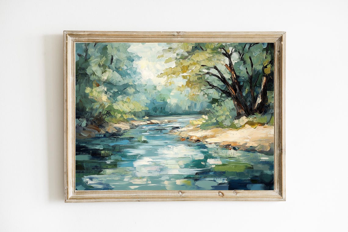 Sunlit Forest Stream Impressionist Green Woodland Vintage Wall Art