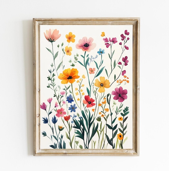 Boho Spring Wildflowers Vibrant Wall Art Colorful Botanical Nursery Decor E343