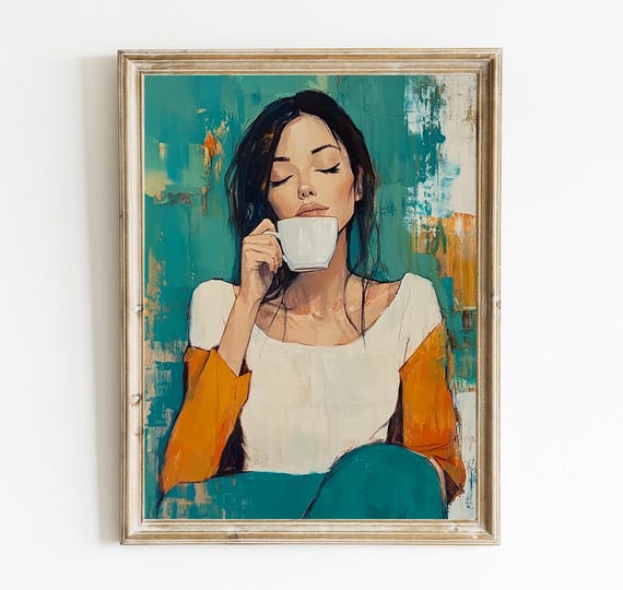 Woman With Coffee Kitchen Wall Decor Mid Century Art Teal Green Print Abstract E387