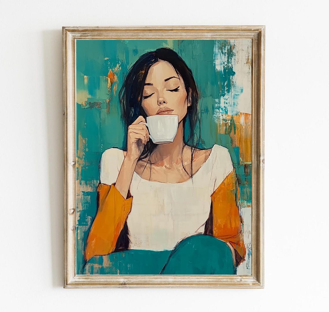 Woman With Coffee Teal Green Mid Century Modern Style Art Poster