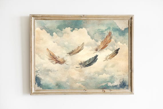 Floating Feathers Cottage Neutral Decor Insect Art Farmhouse Vintage Print E919