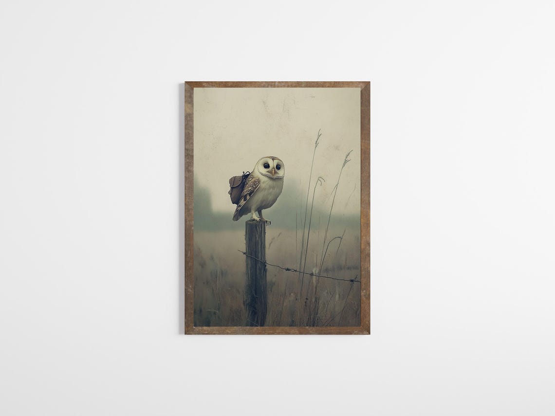 Barn Owl on Fence Post Foggy Morning Vintage Wildlife Wall Art