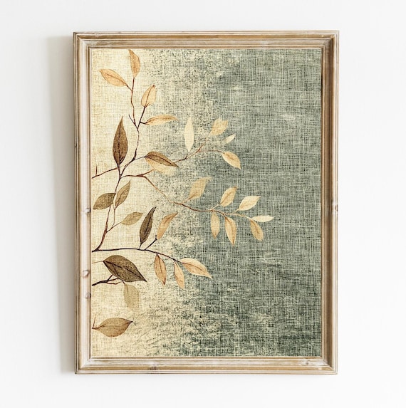 Beige Leafy Branch Botanical on Vintage Green Linen Wall Poster