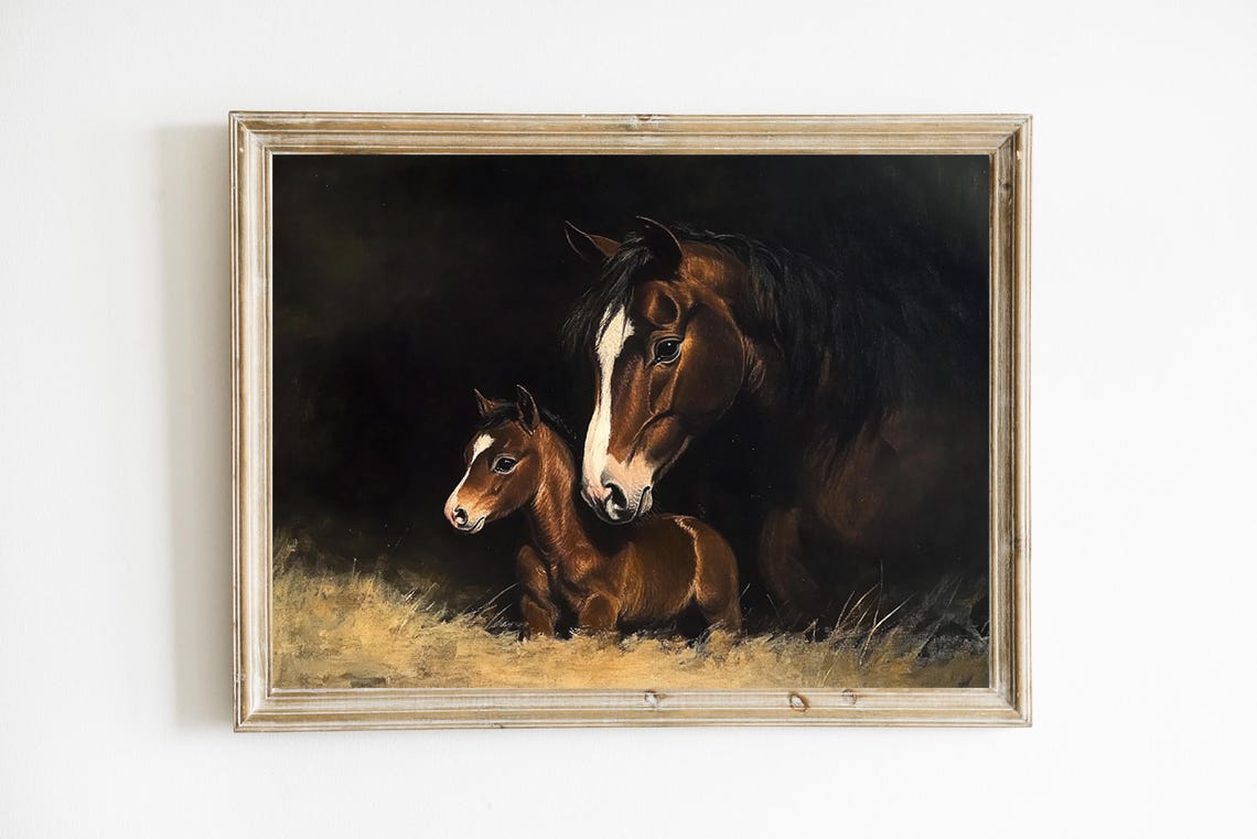 Mare and Foal in Dark Moody Rustic Equestrian Oil Painting Poster