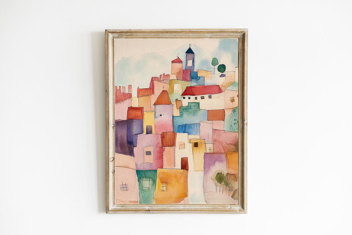 Abstract Watercolor Rooftop Village Warm Red Tones Art Poster